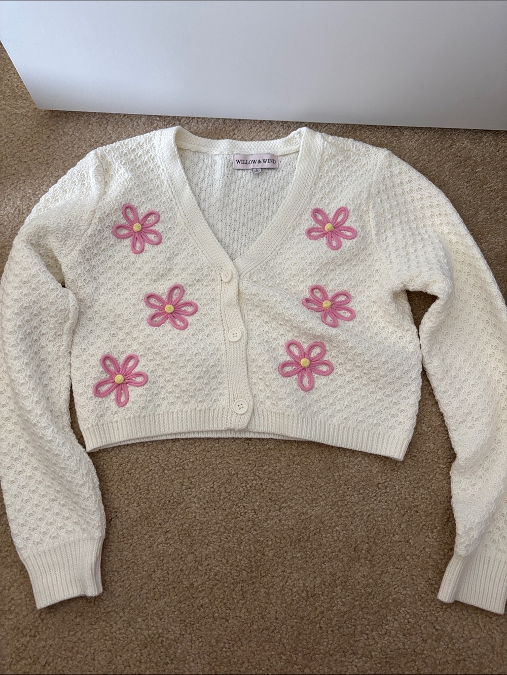 Willow & Wind Cream Cropped Cardigan with Pink Floral Details